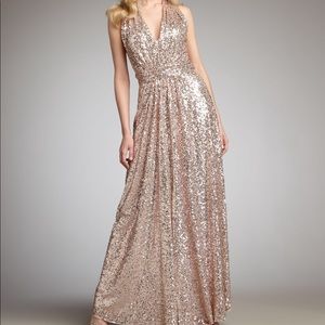 Badgley Mischka sequin halter rose gold dress